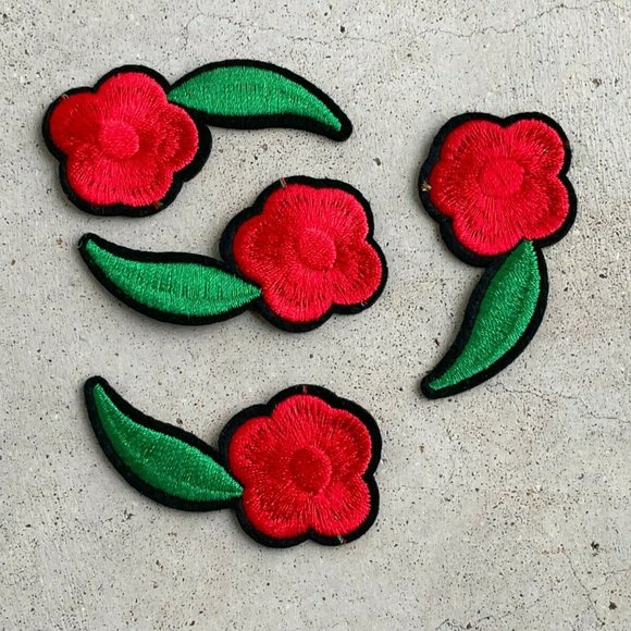 Red Flower With Green Leaf Patches Iron On Embroidery Applique Patches Lot of 4 - Picture 4 of 9